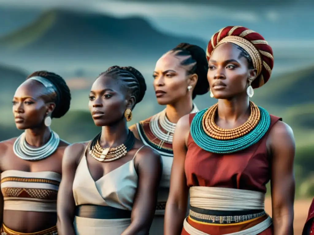 Un grupo de líderes femeninas africanas antiguas, unidas en fuerza y determinación, con atuendos tradicionales y mirada al horizonte