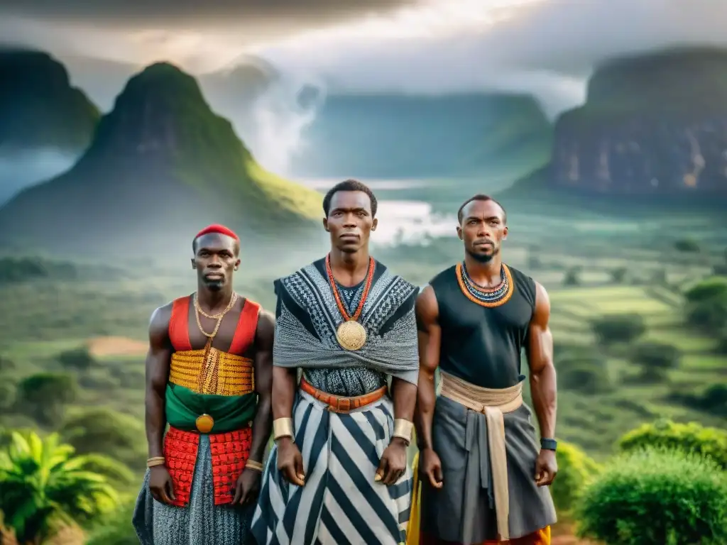 Grupo de luchadores africanos por la independencia, con armas tradicionales, en paisaje africano vibrante