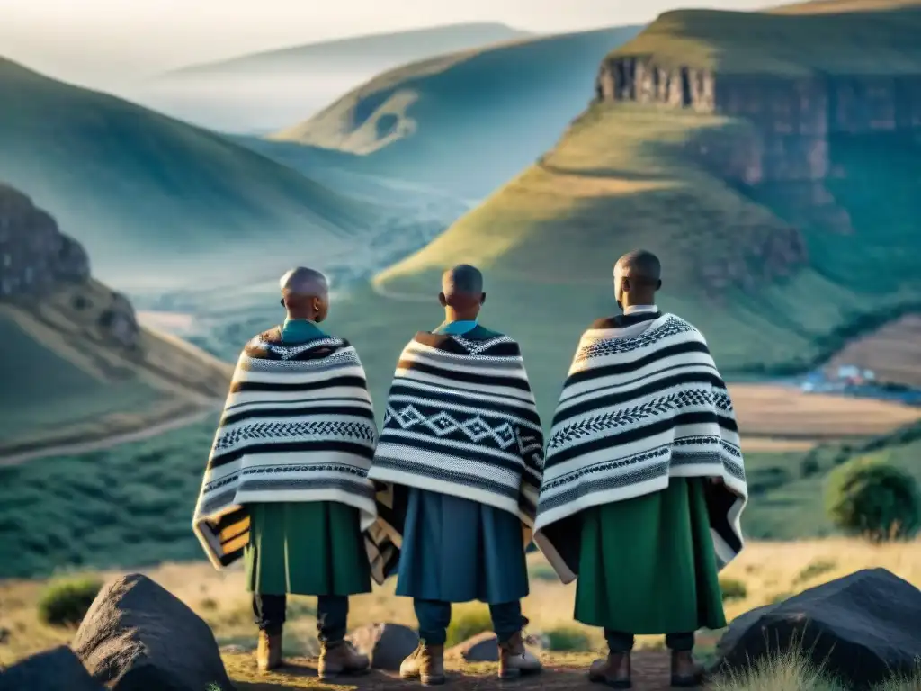 Grupo de luchadores por la independencia de Lesotho en las montañas, con mantas Basotho, mostrando determinación