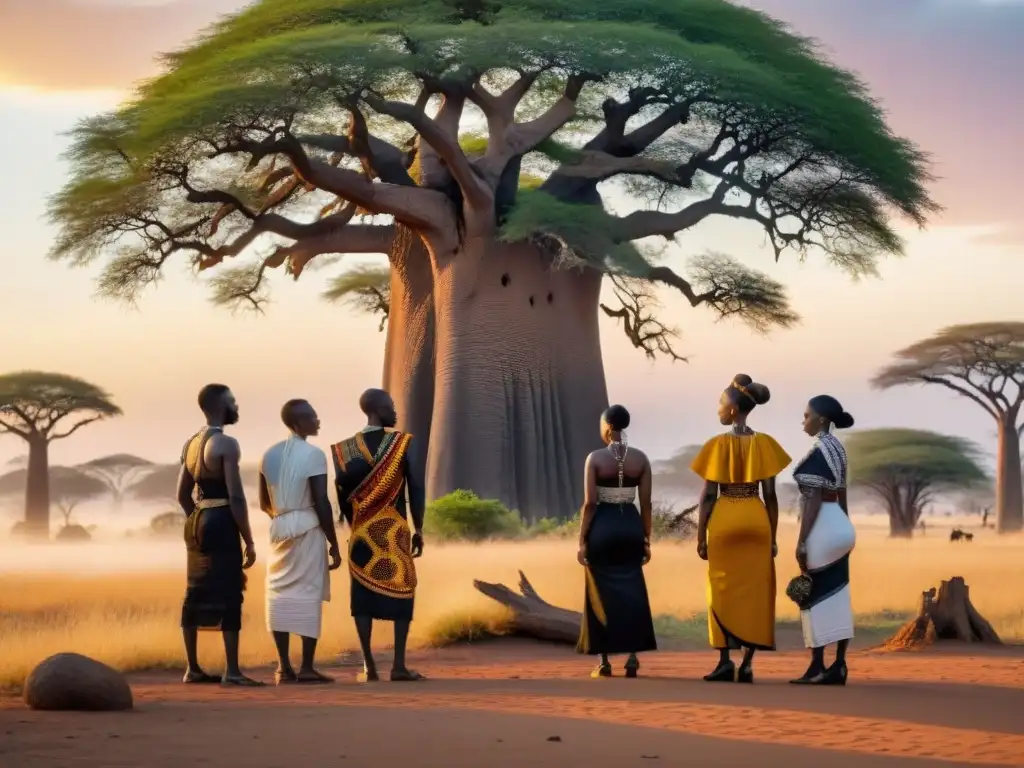 Un grupo en luto viste moda africana en rituales ceremonias bajo un baobab al atardecer