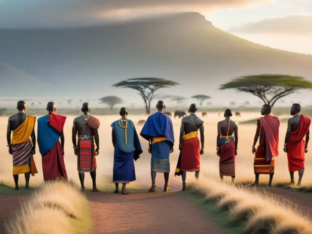 Un grupo de Maasai en la sabana del Serengeti, con acacias al atardecer