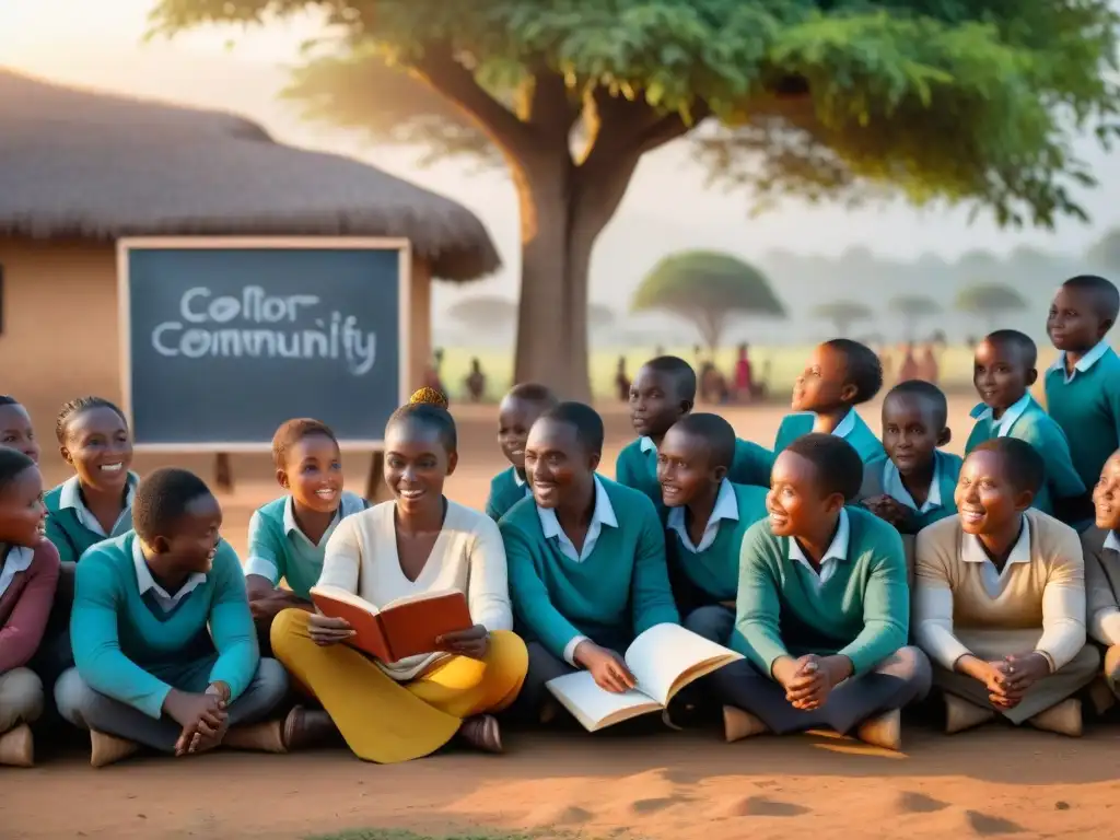 Grupo de maestros africanos y alumnos debajo de un árbol, discutiendo lecciones