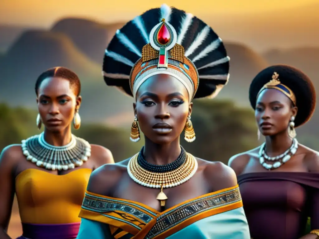 Un grupo de majestuosas reinas africanas, unidas en poder y gracia, con paisaje africano de fondo