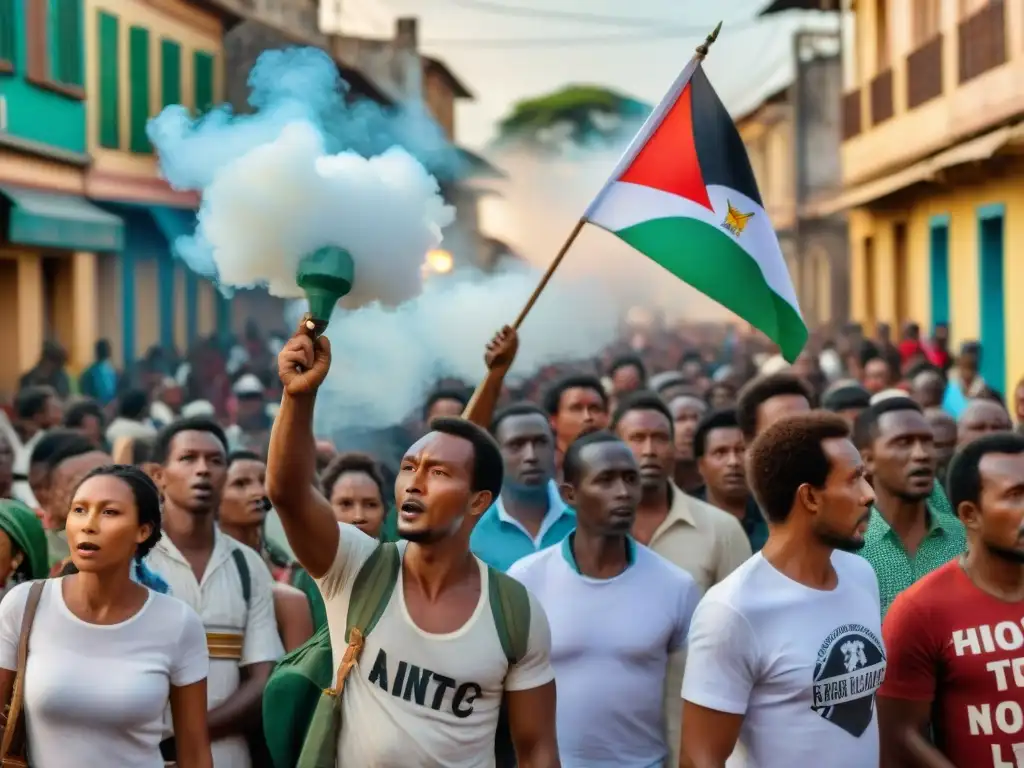 Grupo de manifestantes malgaches luchando por la independencia frente a soldados coloniales franceses en Antananarivo