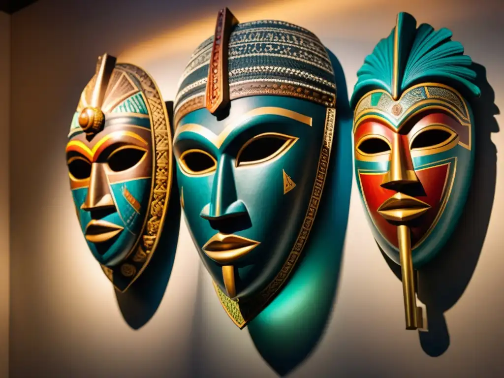 Grupo de máscaras de arte africano con significado misterioso, iluminadas en museo