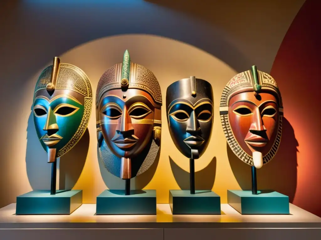 Un grupo de máscaras y estatuas de madera talladas detalladamente, rodeadas de textiles africanos vibrantes en una galería de museo