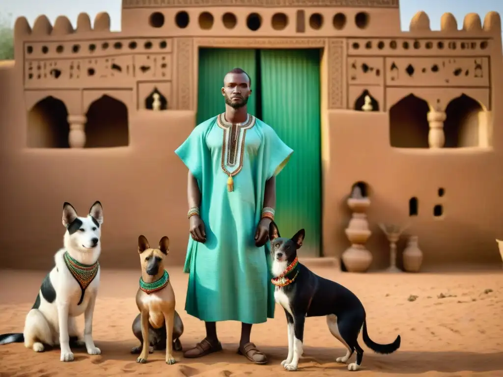 Grupo de mascotas adornadas junto a arquitectura maliense antigua, reflejando la relación armónica en el Imperio de Malí