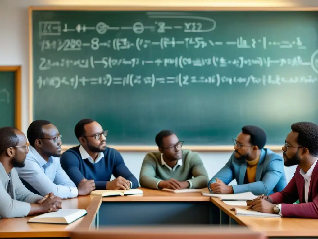 Un grupo de matemáticos africanos colaborando en cálculo moderno en una universidad, reflejando inteligencia y diversidad