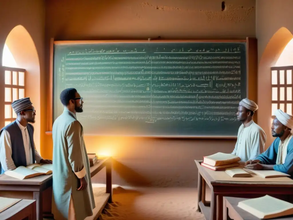 Conferencia matemática en Timbuktu: Sabiduría ancestral Un grupo de matemáticos de Timbuktú inmersos en descubrimientos científicos, rodeados de ecuaciones y diagramas en una sala histórica y polvorienta