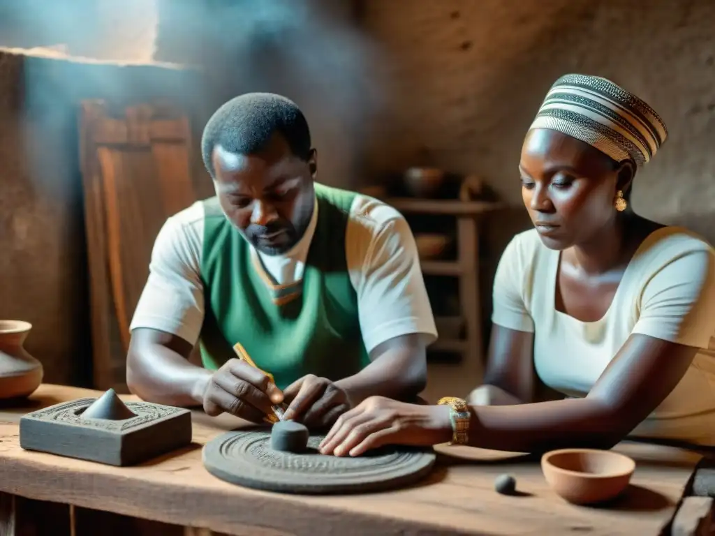 Un grupo de miembros de la comunidad africana restaurando artefactos antiguos en un taller rústico, destacando la preservación del Patrimonio Africano