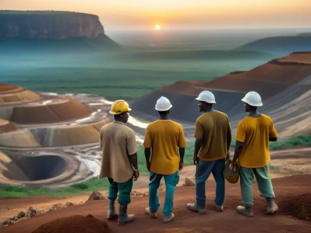 Un grupo de mineros africanos trabaja juntos en una mina al atardecer, simbolizando la inversión en metales preciosos en África