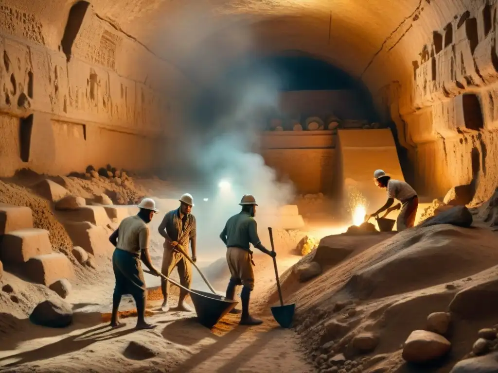 Grupo de mineros en el antiguo Egipto extrayendo minerales en un túnel oscuro con herramientas primitivas