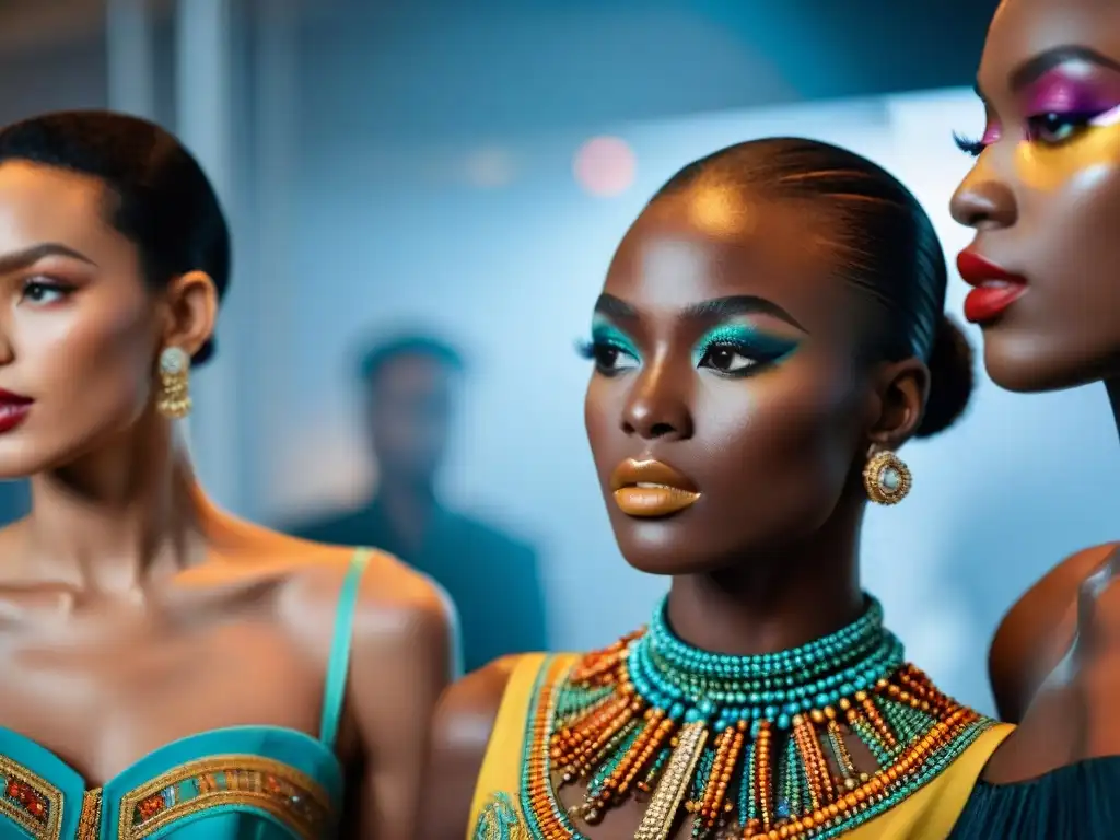 Un grupo de modelos africanas se preparan con pasión antes de un desfile de moda, rodeadas de estilistas y maquilladores