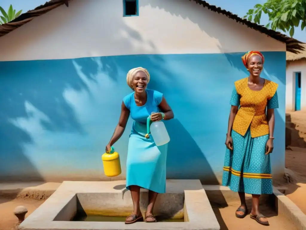 Un grupo de mujeres africanas recoge agua de un pozo nuevo en un pueblo rural, con ropa tradicional vibrante y paisajes exuberantes