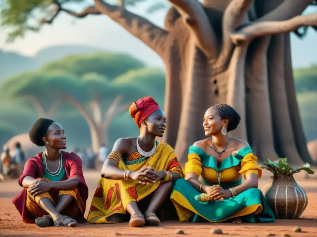 Un grupo de mujeres africanas en un animado debate bajo un baobab