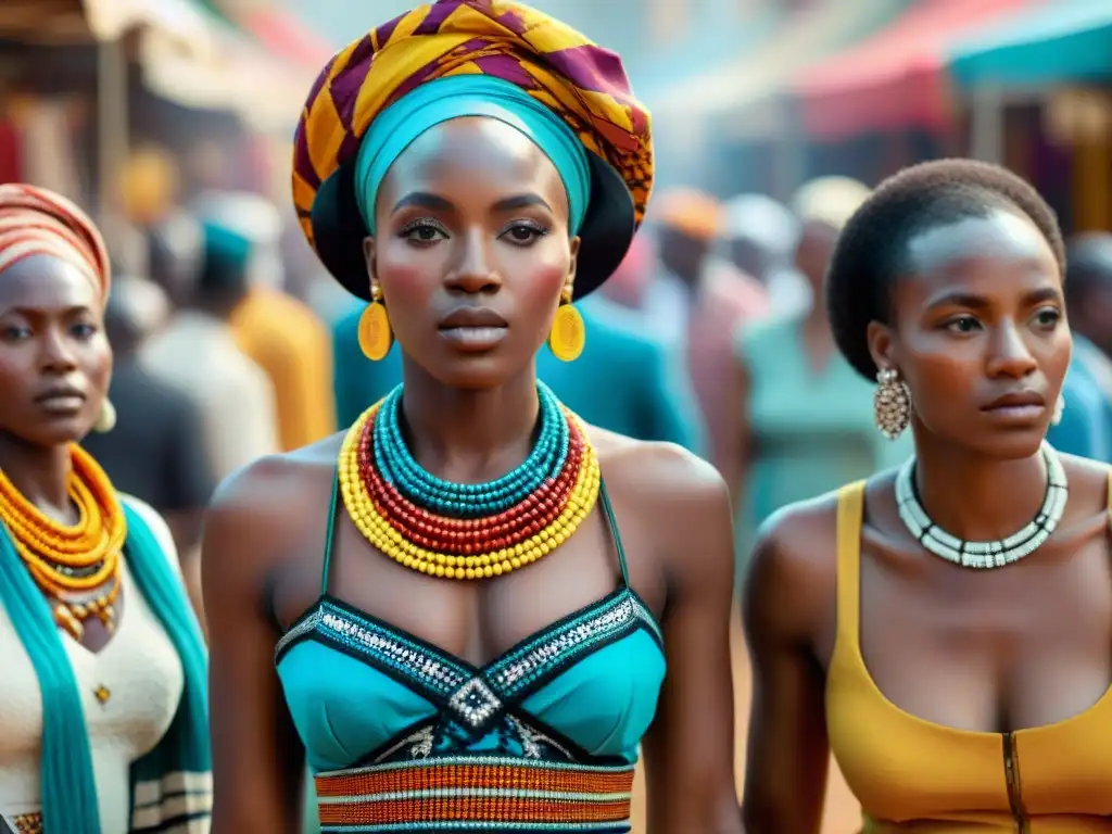 Grupo de mujeres africanas vistiendo atuendos tradicionales vibrantes en un bullicioso mercado