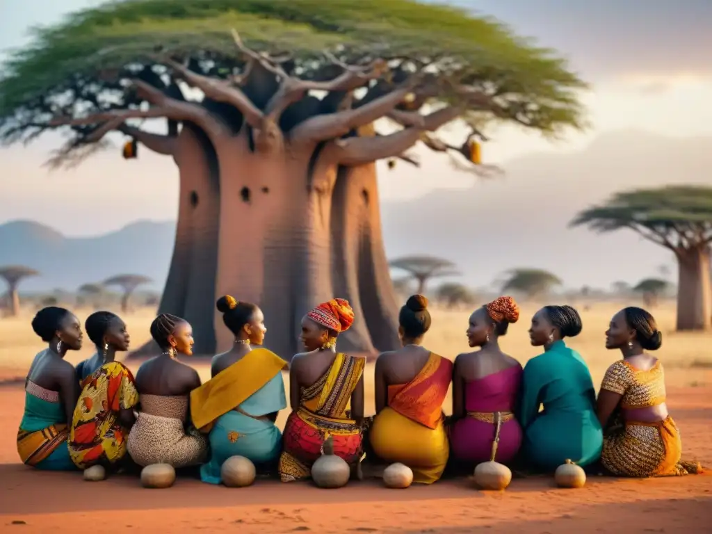 Grupo de mujeres africanas debajo de baobab, con atuendos tradicionales, en animada conversación