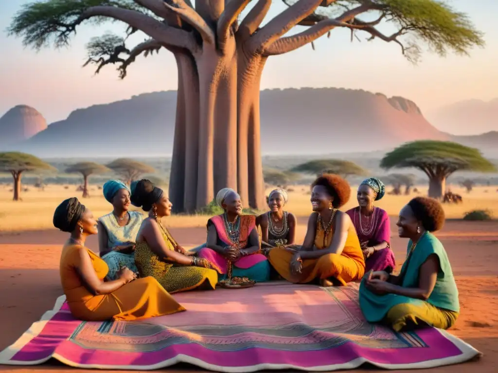 Un grupo de mujeres africanas se reúnen bajo un baobab, transmitiendo sabiduría y empoderamiento