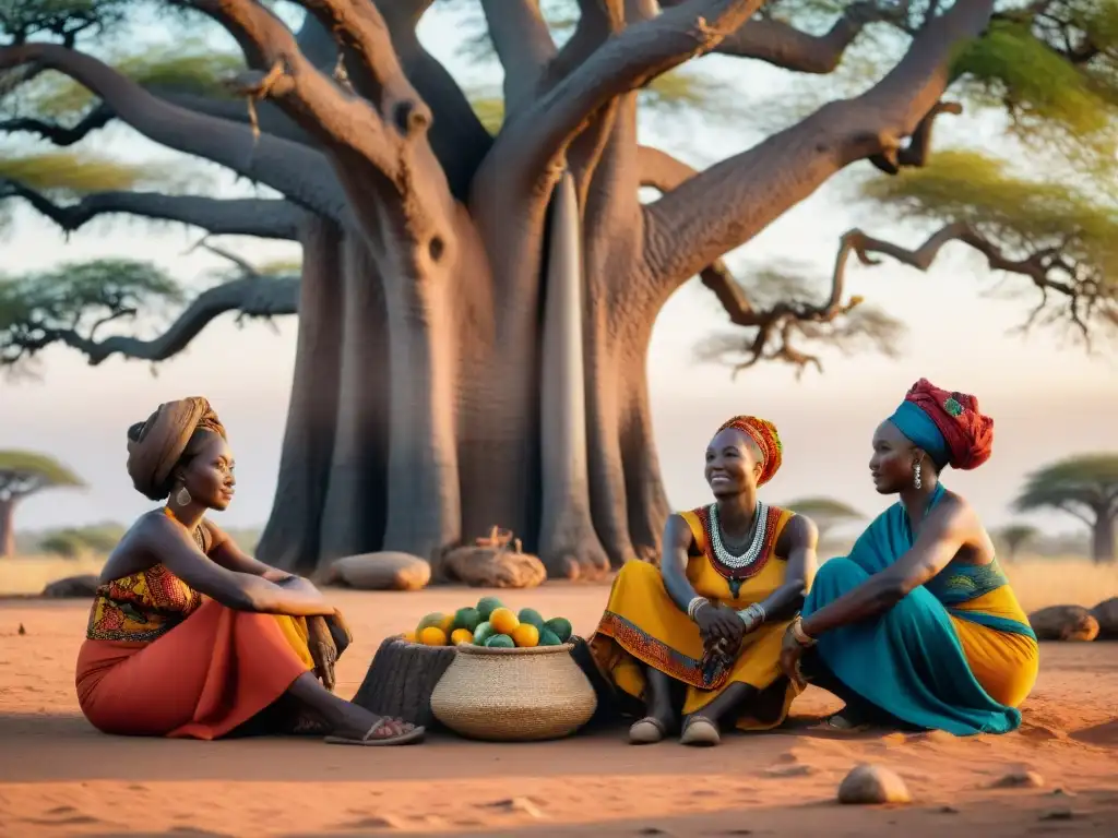 Un grupo de mujeres africanas bajo un baobab, rodeadas de artesanías, en profunda conversación