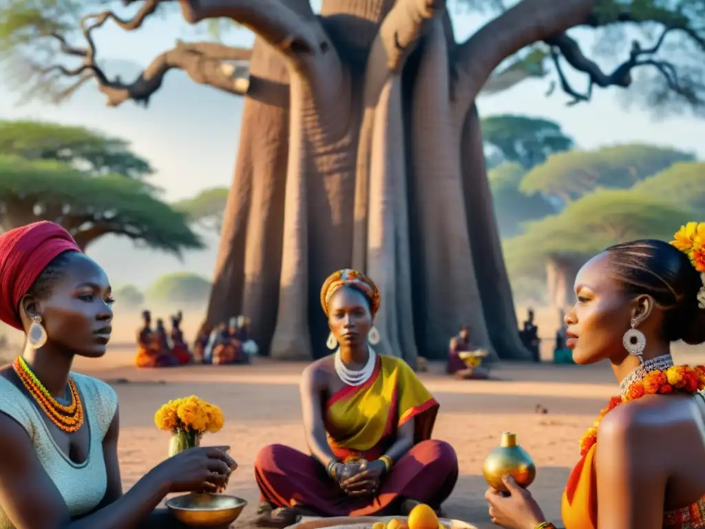 Un grupo de mujeres africanas en ceremonia espiritual bajo un baobab, empoderamiento femenino y prácticas espirituales