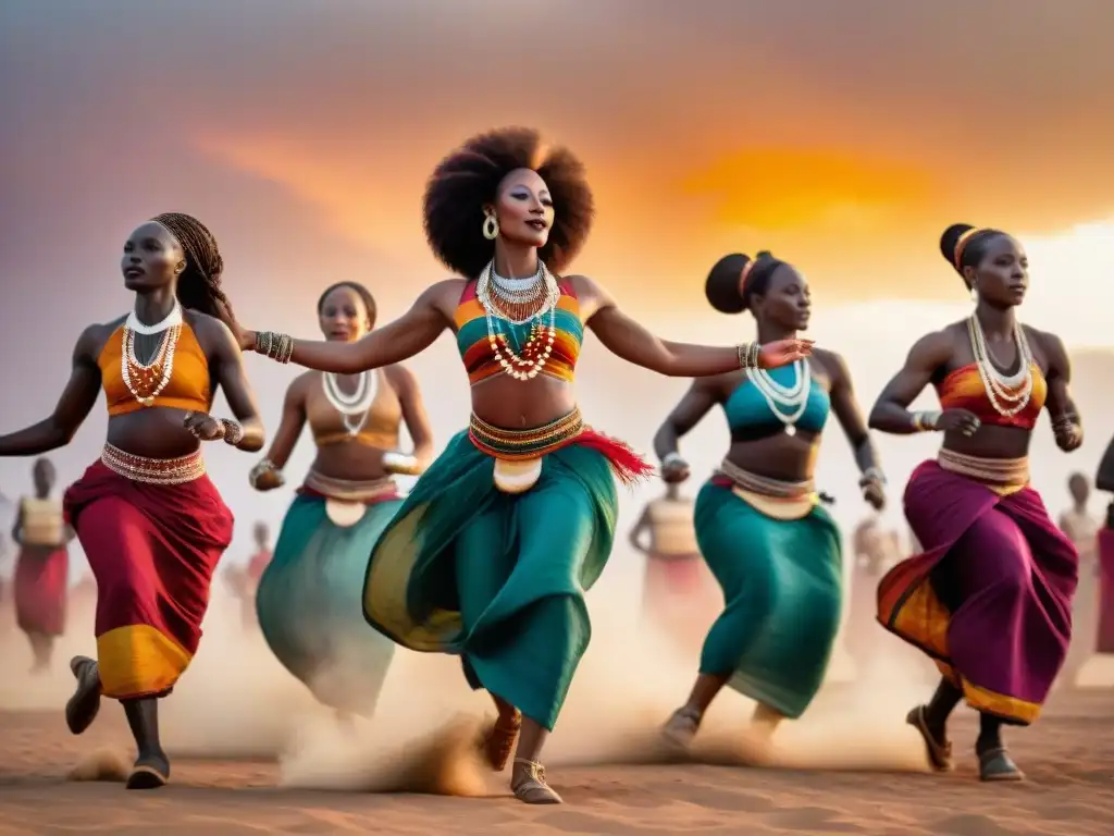 Un grupo de mujeres africanas danzando en círculo al atardecer, expresando empoderamiento a través de la danza como empoderamiento femenino en África