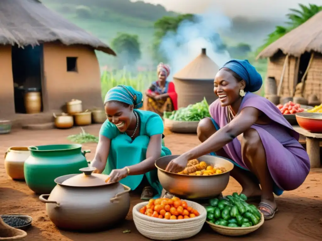 Un grupo de mujeres africanas cocina juntas al aire libre en un ambiente comunitario y colorido, mostrando la rica Historia de la cocina africana