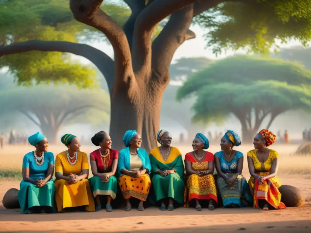 Un grupo de mujeres africanas en coloridos trajes tradicionales bajo un árbol, debatiendo animadamente