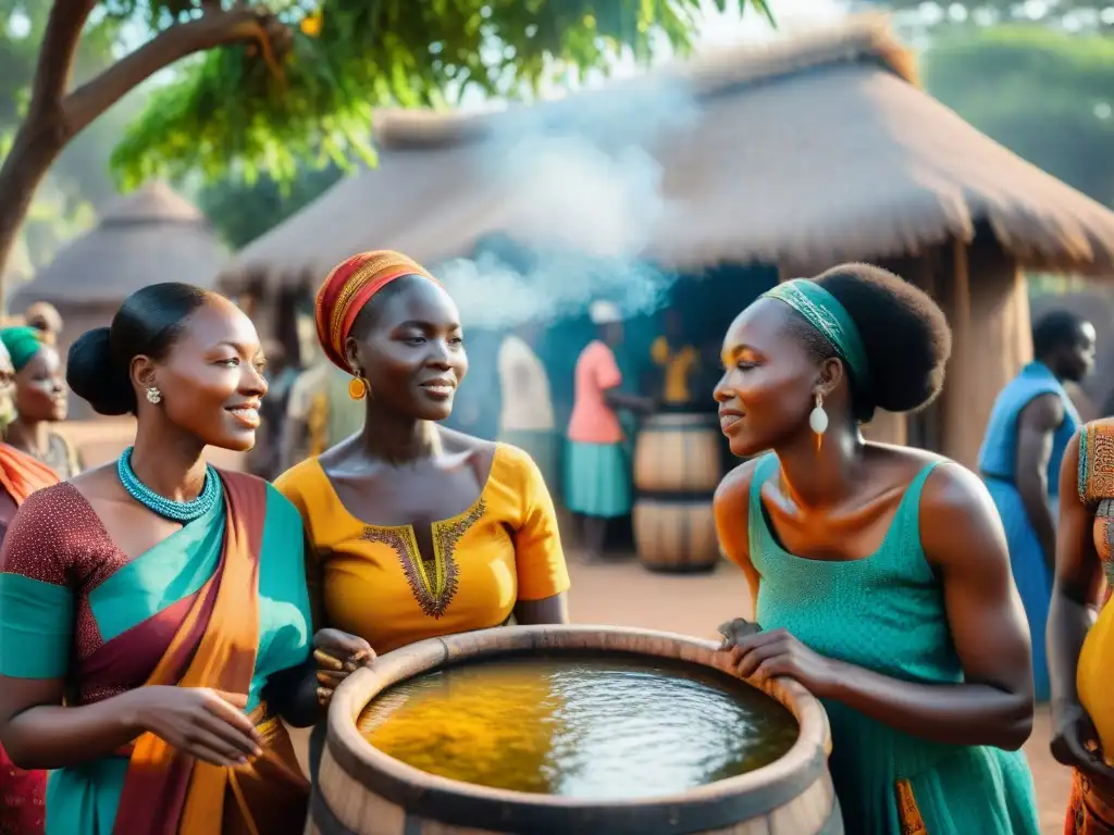 Un grupo de mujeres africanas en coloridos trajes tradicionales preparando cerveza en un mercado vibrante bajo árboles baobab