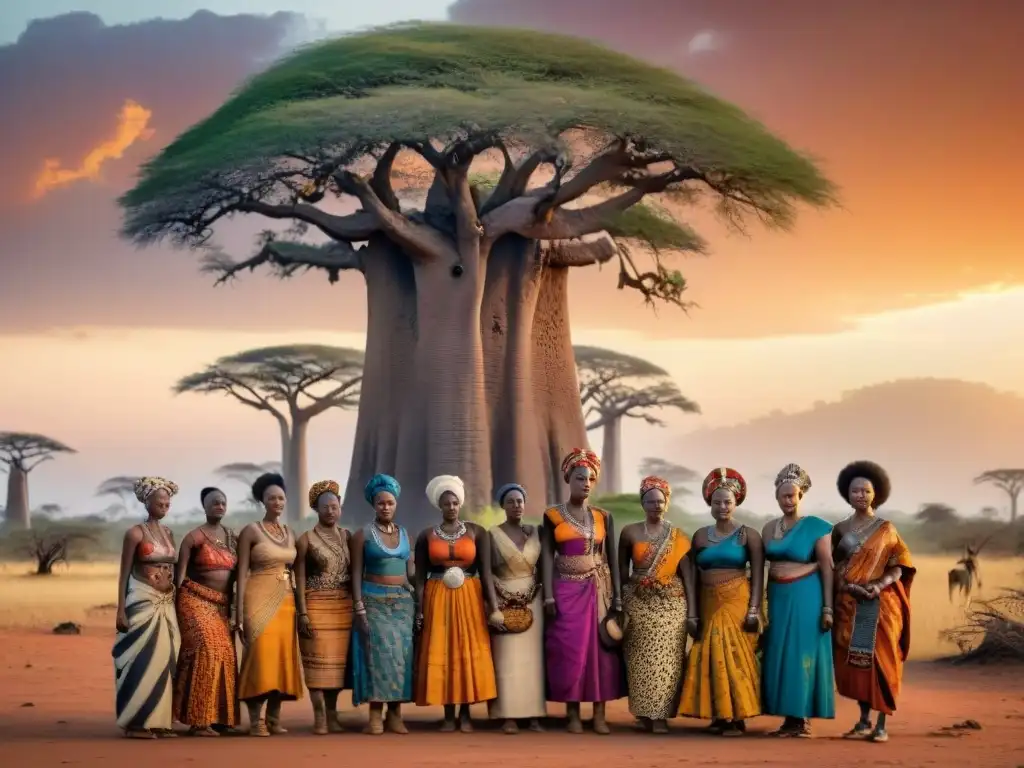 Grupo de mujeres africanas preservando la biodiversidad cultural alrededor de un baobab al atardecer