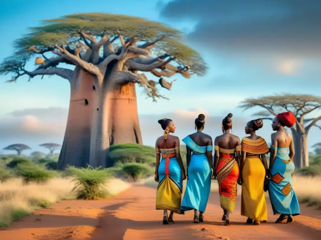 Un grupo de Mujeres africanas preservando la biodiversidad cultural bajo un baobab ancestral