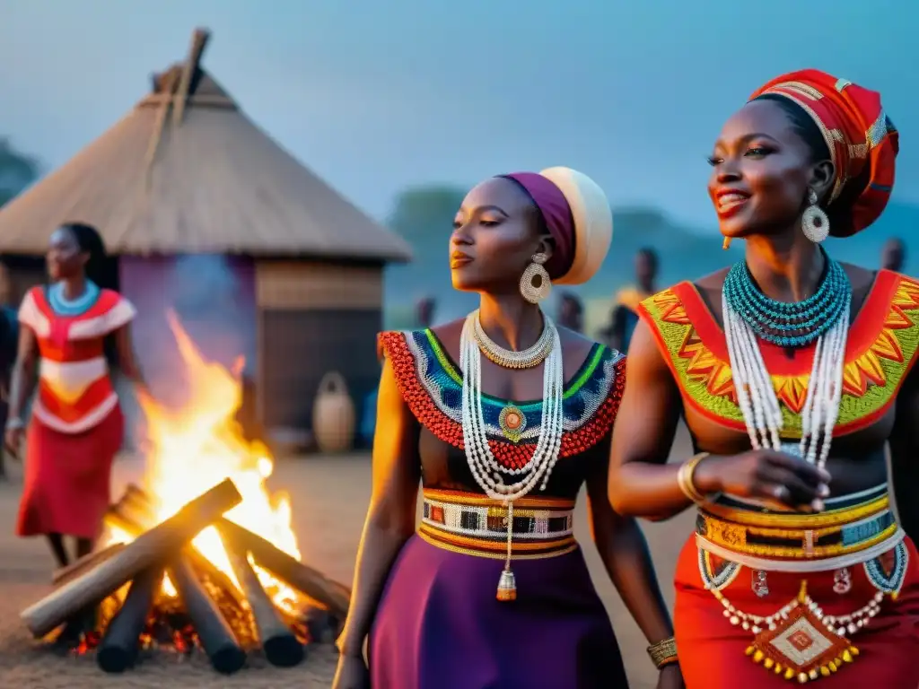 Un grupo de mujeres africanas danza y canta alrededor de una hoguera al atardecer, en un ritual funerario en África