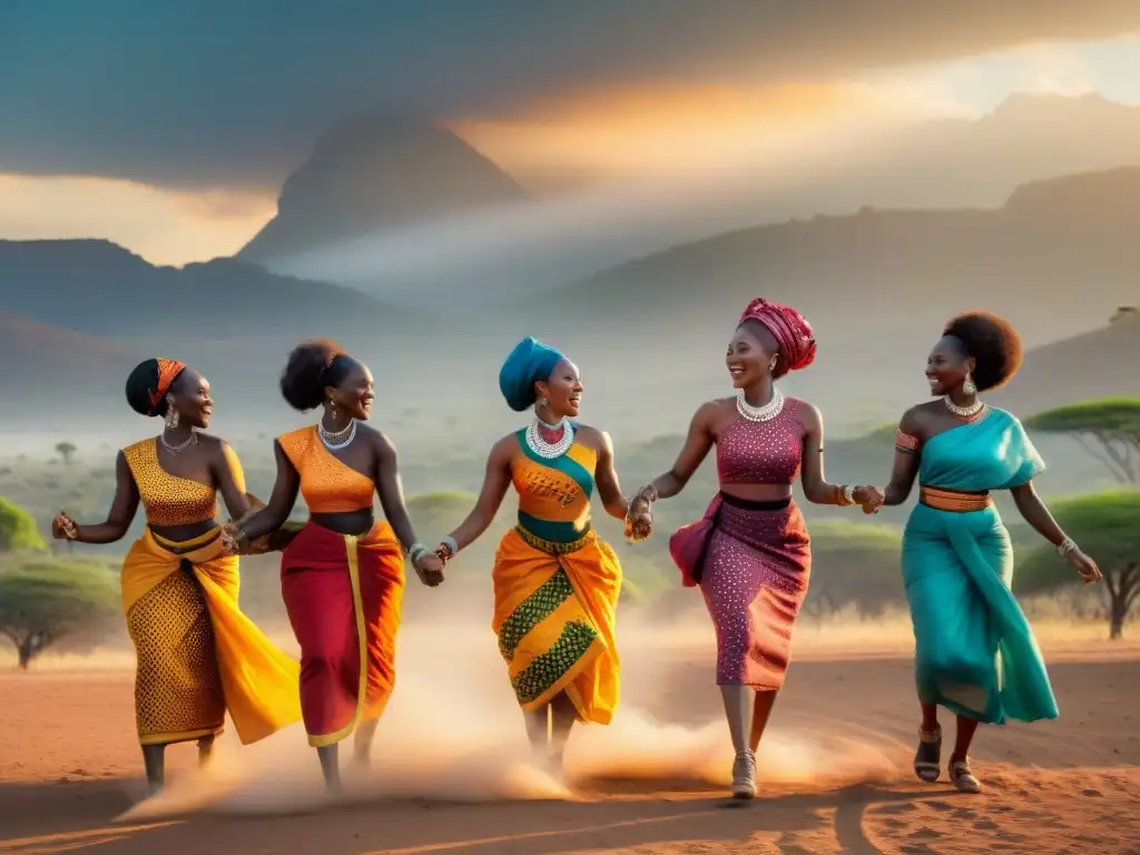 Un grupo de mujeres africanas danza con fuerza y alegría en un círculo bajo el sol brillante