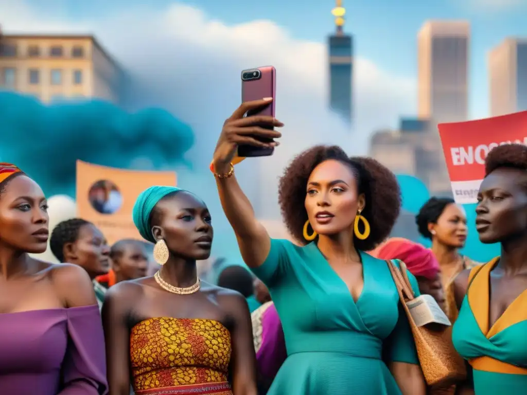 Un grupo de mujeres africanas diversas en una plaza de ciudad, con mensajes de empoderamiento en smartphones