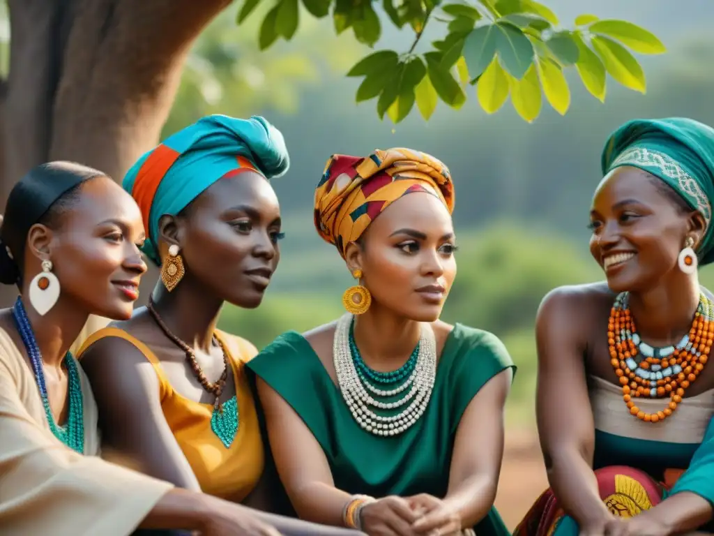 Un grupo de mujeres africanas diversas, empoderadas y líderes, colaborando bajo un árbol en una aldea rural de África