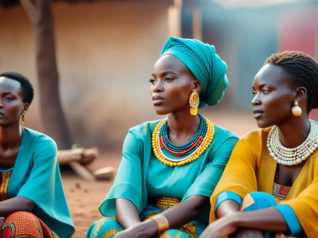 Un grupo de mujeres africanas diverso debate sobre roles de género en África colonialismos, fusionando tradición y modernidad en una aldea africana