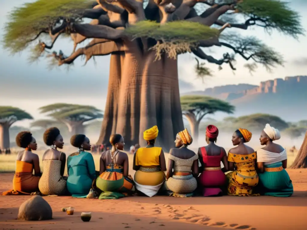 Un grupo de mujeres africanas de diferentes edades y orígenes, reunidas bajo un baobab, en una escena de unidad y orgullo cultural