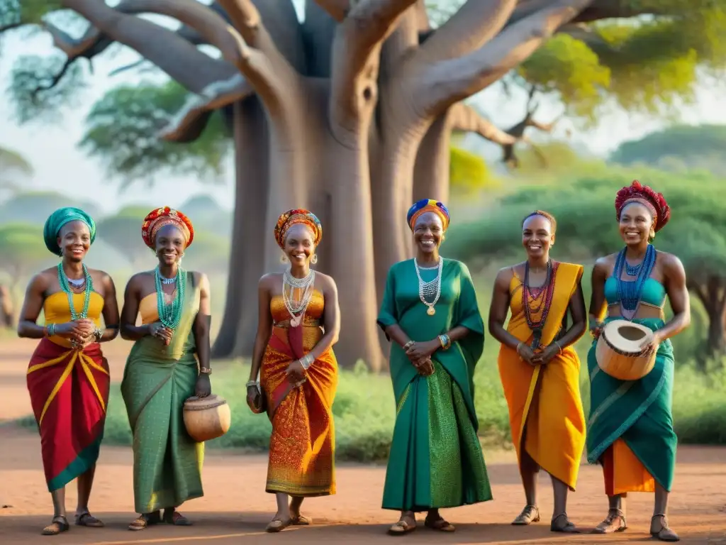 Un grupo de mujeres africanas de diferentes edades, vestidas con ropa tradicional vibrante y joyas coloridas, bailando bajo un baobab