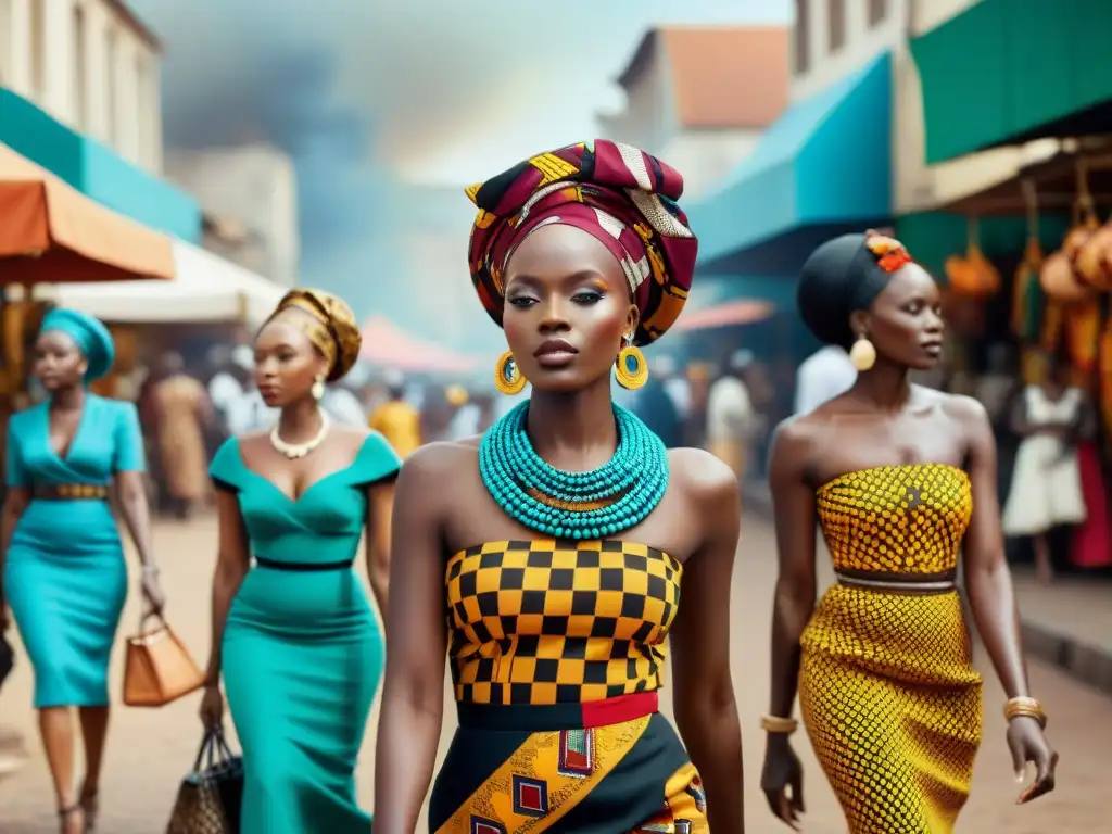 Un grupo de mujeres africanas elegantes caminando por una bulliciosa calle de la ciudad, luciendo moda tradicional vibrante