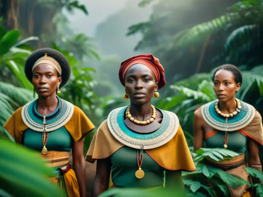 Un grupo de mujeres africanas lideran una expedición en la selva, mostrando determinación y sabiduría