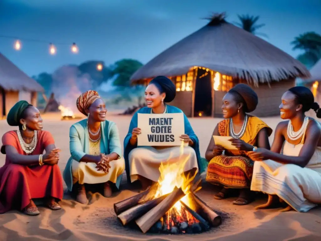 Un grupo de mujeres africanas se reúnen alrededor de una fogata en un pueblo, con carteles de mensajes empoderadores en diferentes idiomas africanos