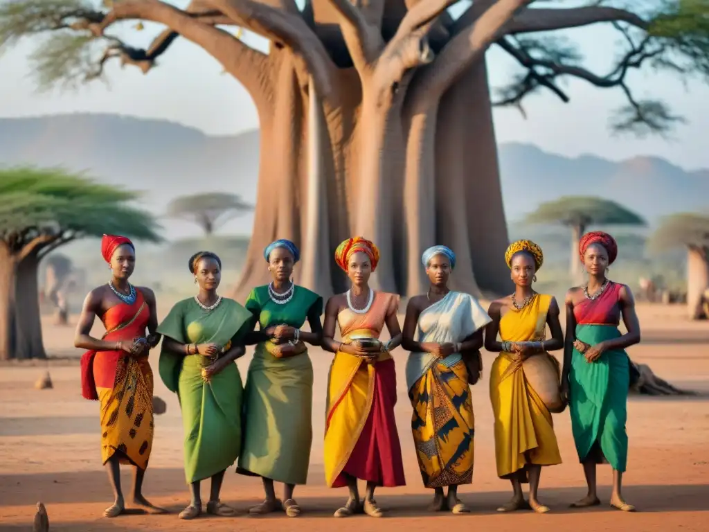 Un grupo de mujeres africanas danzando con gracia y fuerza bajo un baobab, simbolizando la Divinidad Femenina en África