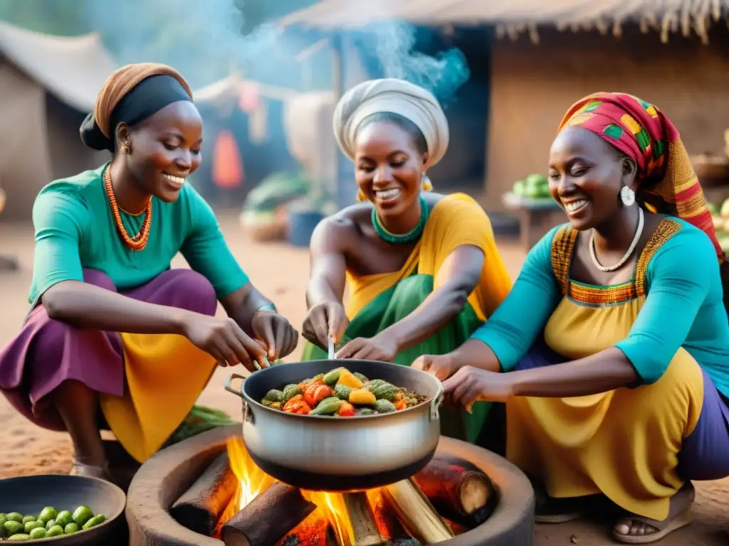 Grupo de mujeres africanas cocinando un guiso tradicional con ingredientes locales en un ambiente animado y colorido de mercado al aire libre