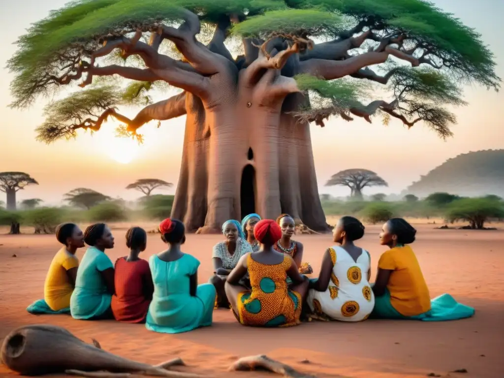 Grupo de mujeres africanas cuentan historias bajo un baobab, niños escuchan atentos al atardecer