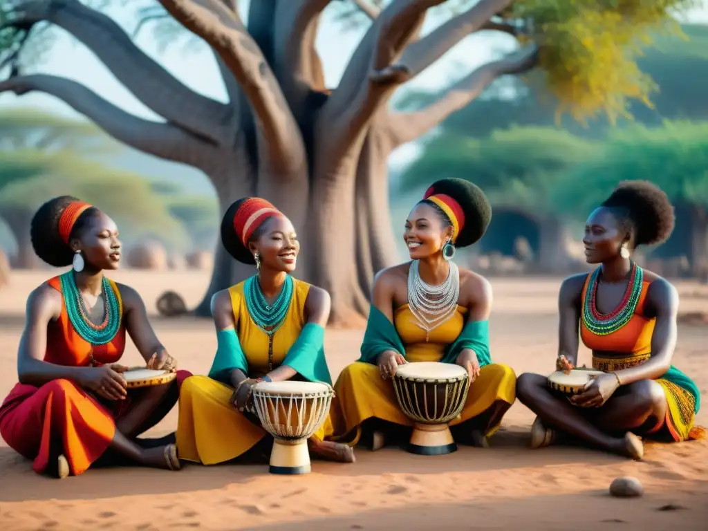 Un grupo de mujeres africanas tocando instrumentos tradicionales bajo un baobab en un pueblo africano