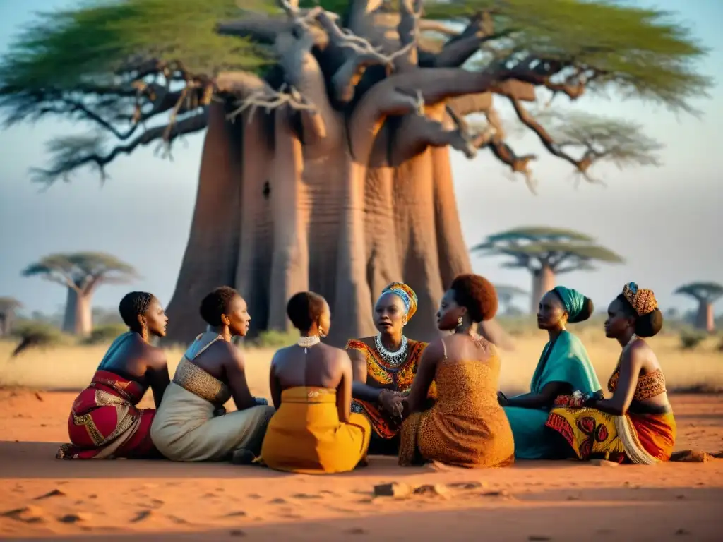 Grupo de mujeres africanas bajo baobab, reflejando matriarcado en África influencia política