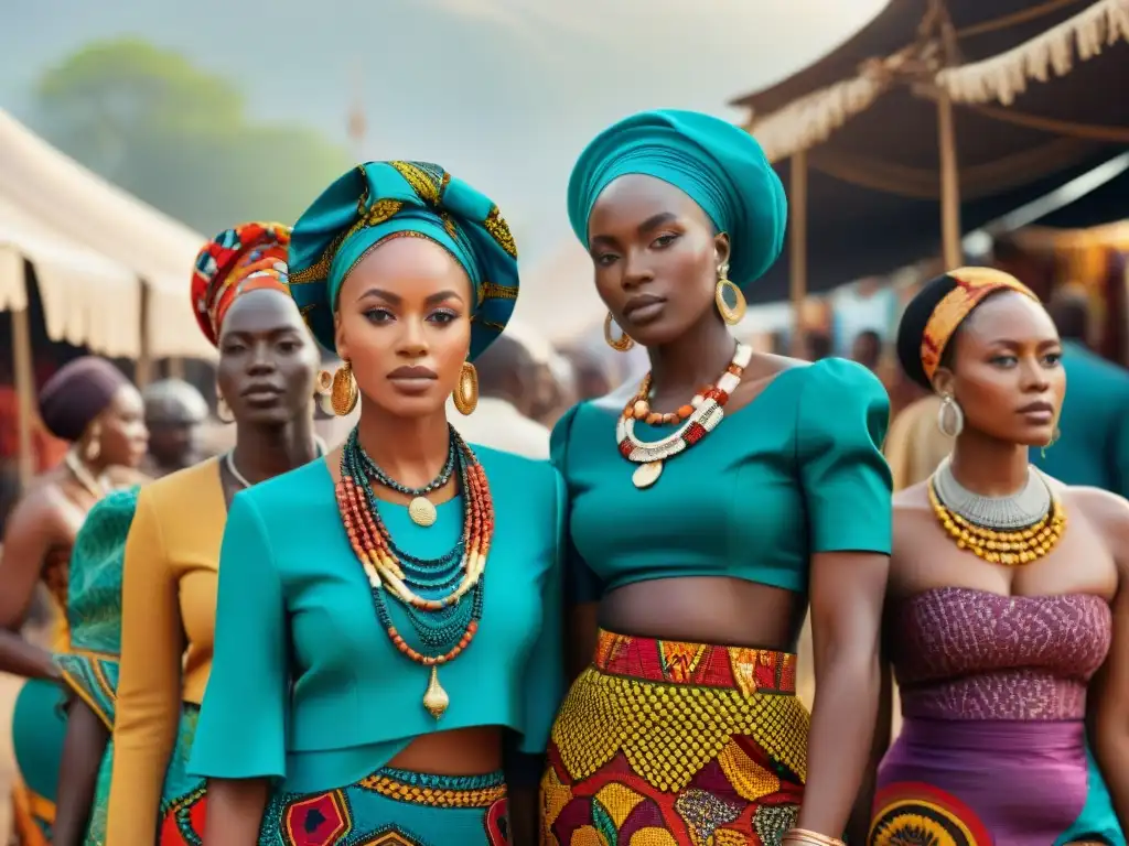 Grupo de mujeres africanas en mercado vibrante, exhibiendo moda africana como expresión cultural