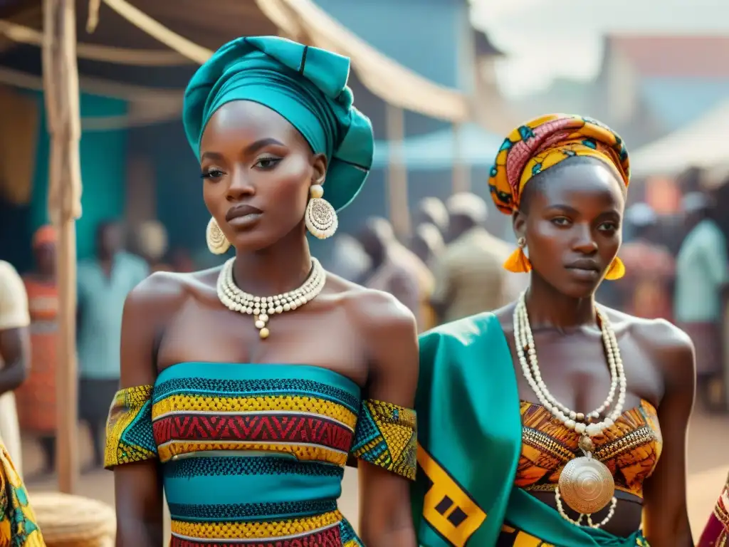 Un grupo de mujeres africanas en un mercado al aire libre en África Occidental, mostrando la historia de la moda africana