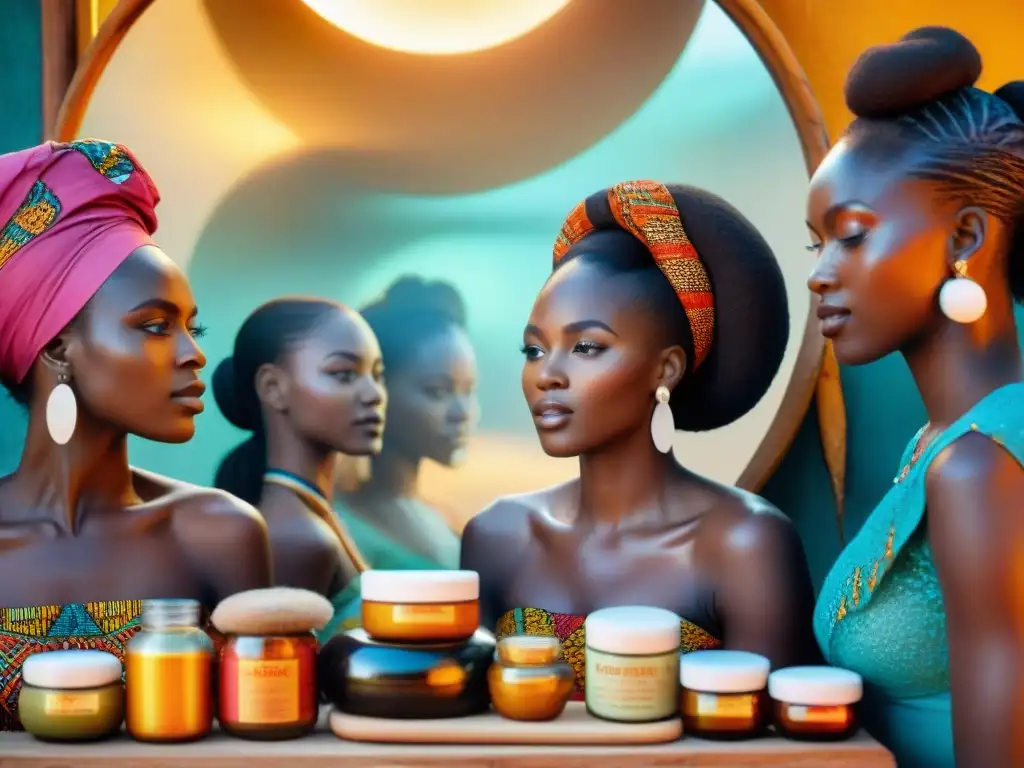 Un grupo de mujeres africanas en un mercado con ingredientes tradicionales de belleza, reflejando la influencia diáspora africana industria belleza