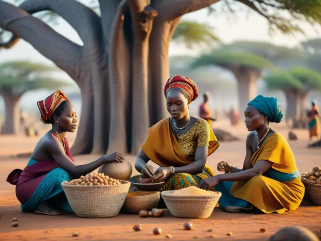 Un grupo de mujeres africanas procesando nueces de shea bajo un baobab