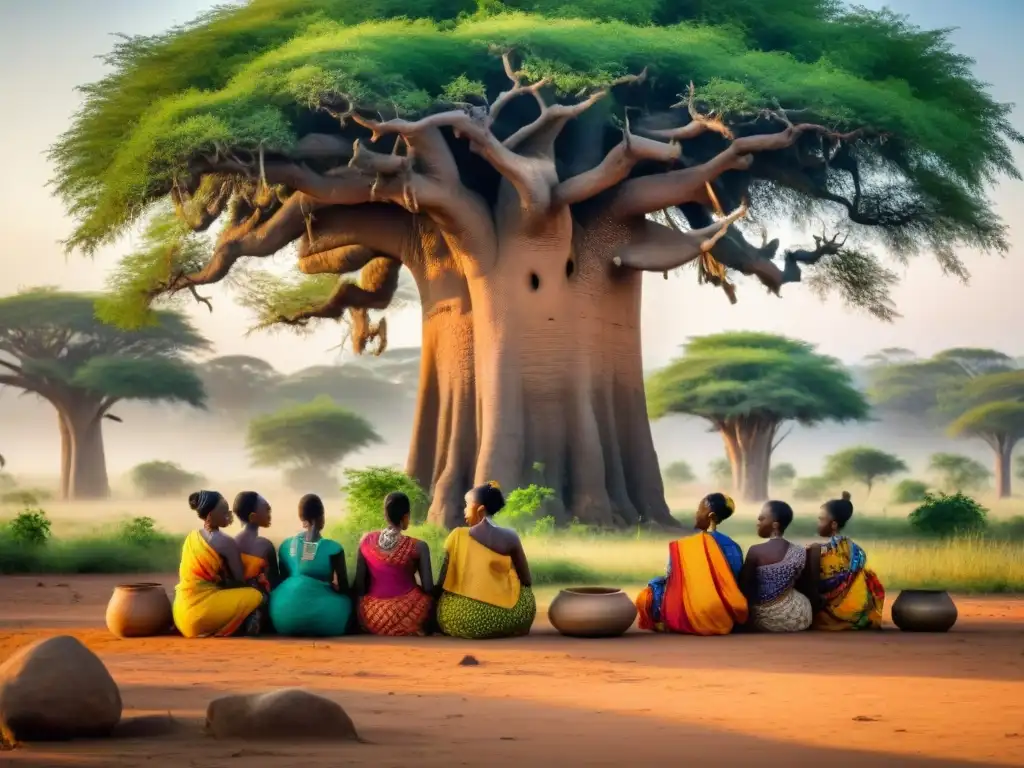 Un grupo de mujeres africanas desafiaron el patriarcado bajo un baobab, mostrando determinación y empoderamiento